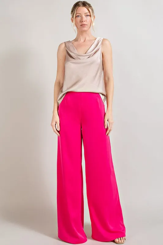 Sybil Satin Cowl Neck Top And Wide Leg Pants Set - Pink