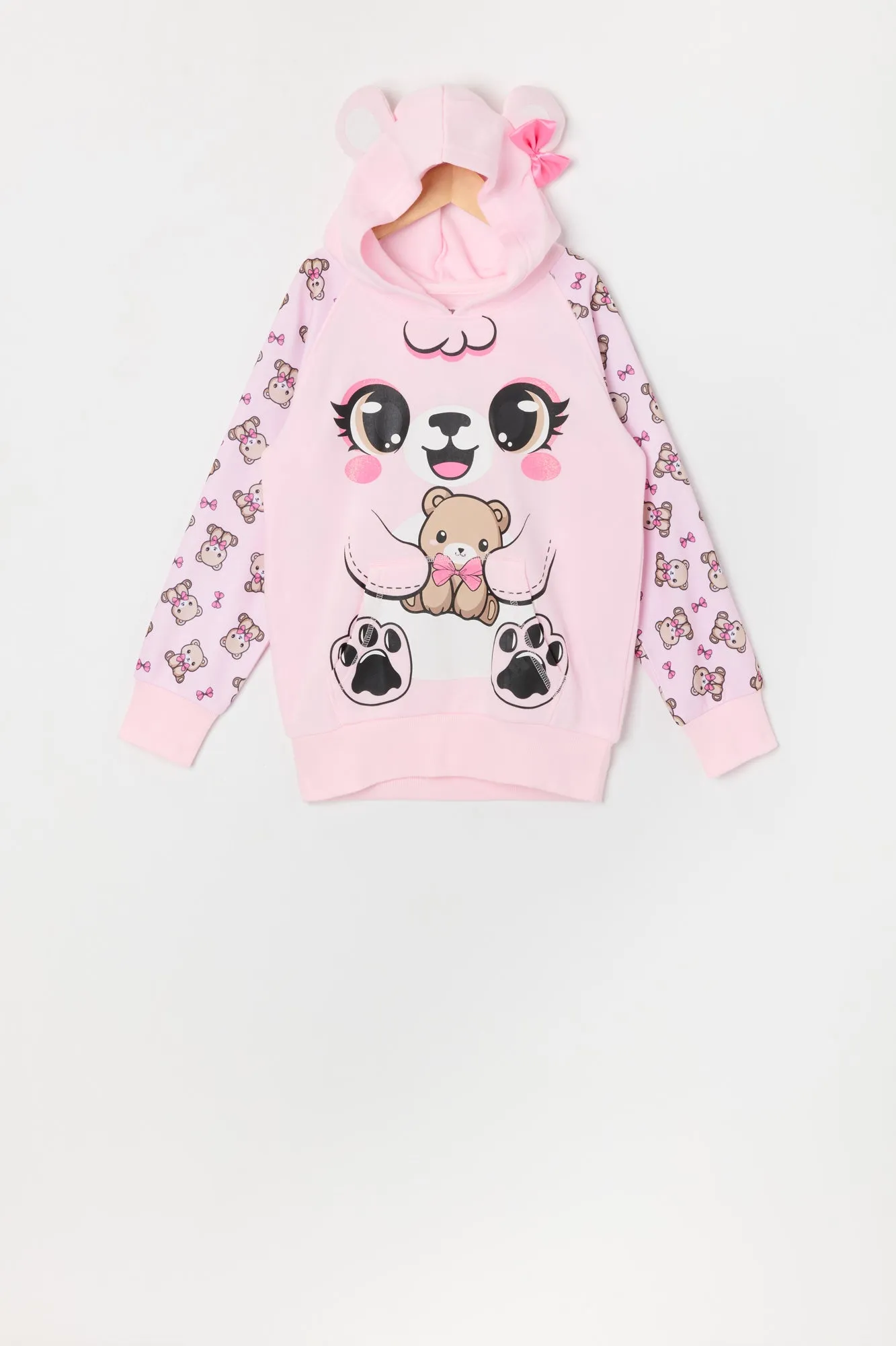 Urban Kids Girls Bow Teddy Bear Character Hoodie