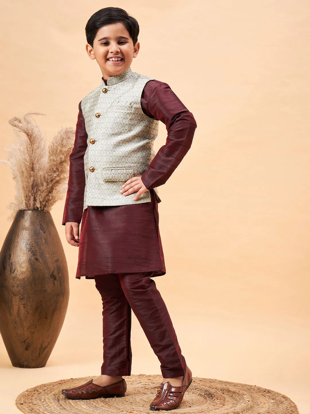 VASTRAMAY Boy's Beige Nehru Jacket With Wine Kurta And Pyjama Set