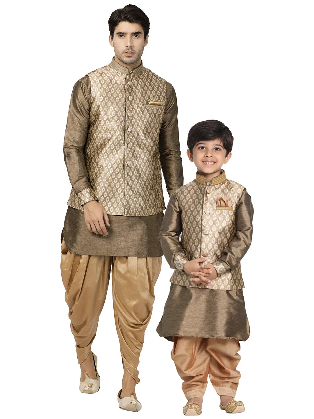 Vastramay Silk Blend Gold Baap Beta Jacket Dhoti Kurta set