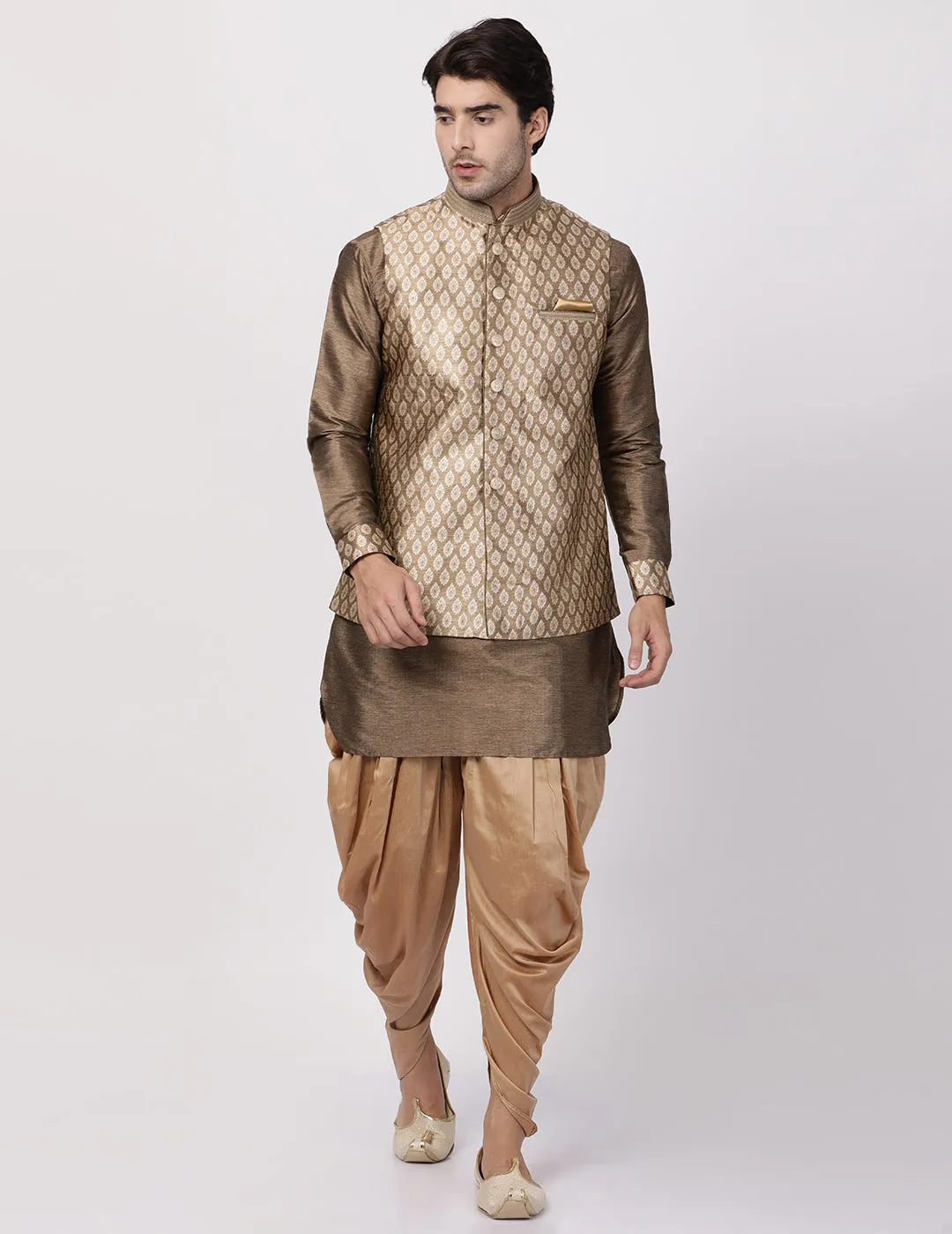 Vastramay Silk Blend Gold Baap Beta Jacket Dhoti Kurta set