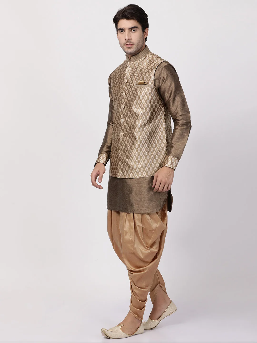 Vastramay Silk Blend Gold Baap Beta Jacket Dhoti Kurta set