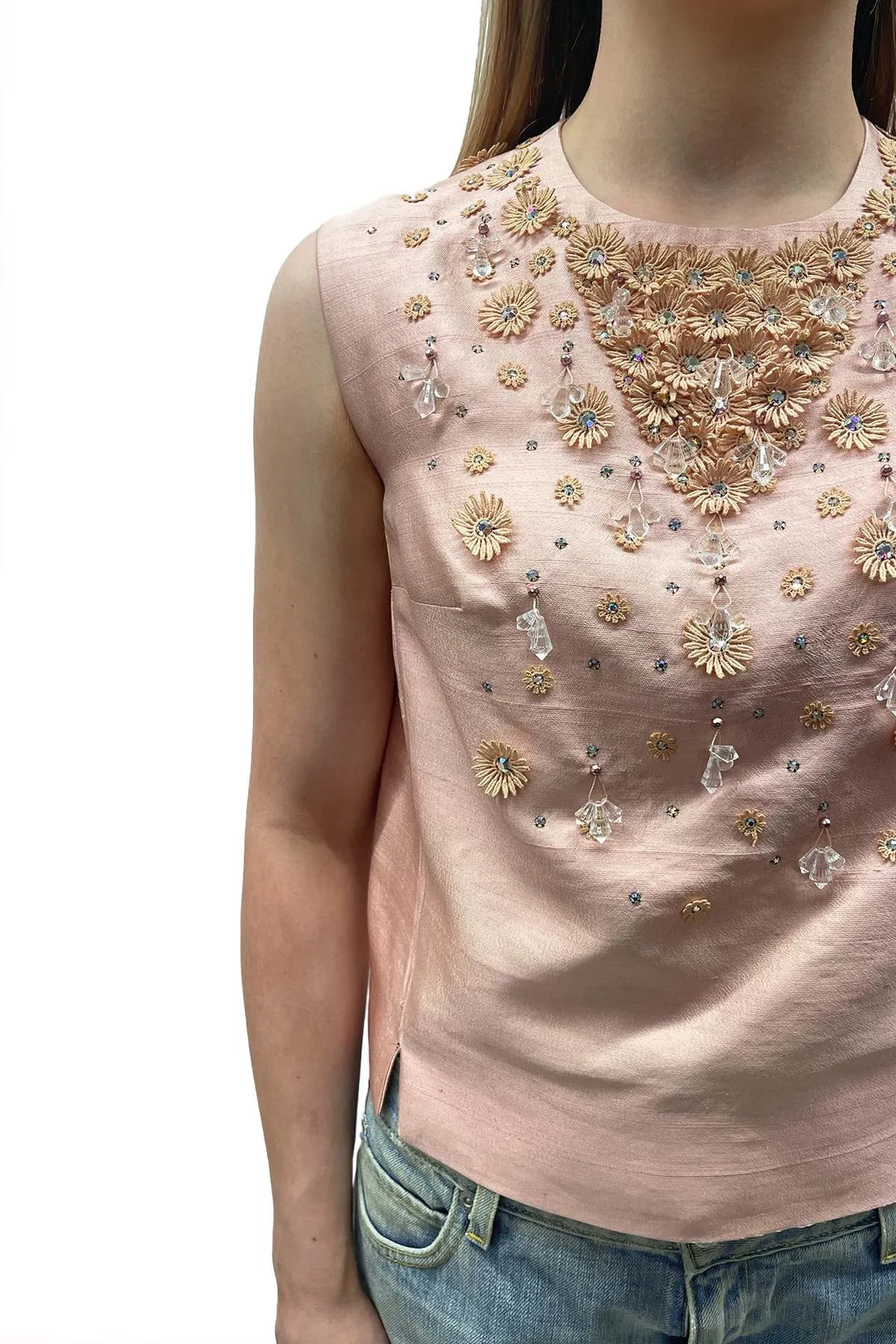 Vintage Embellished Sleeveless Top - Baby Pink 