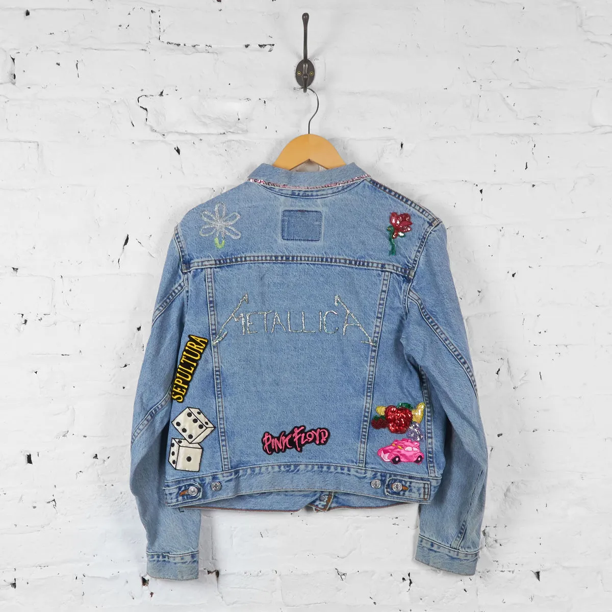 Vintage Levi's Customised Rock Band Patch And Glitter Jacket - Blue - M