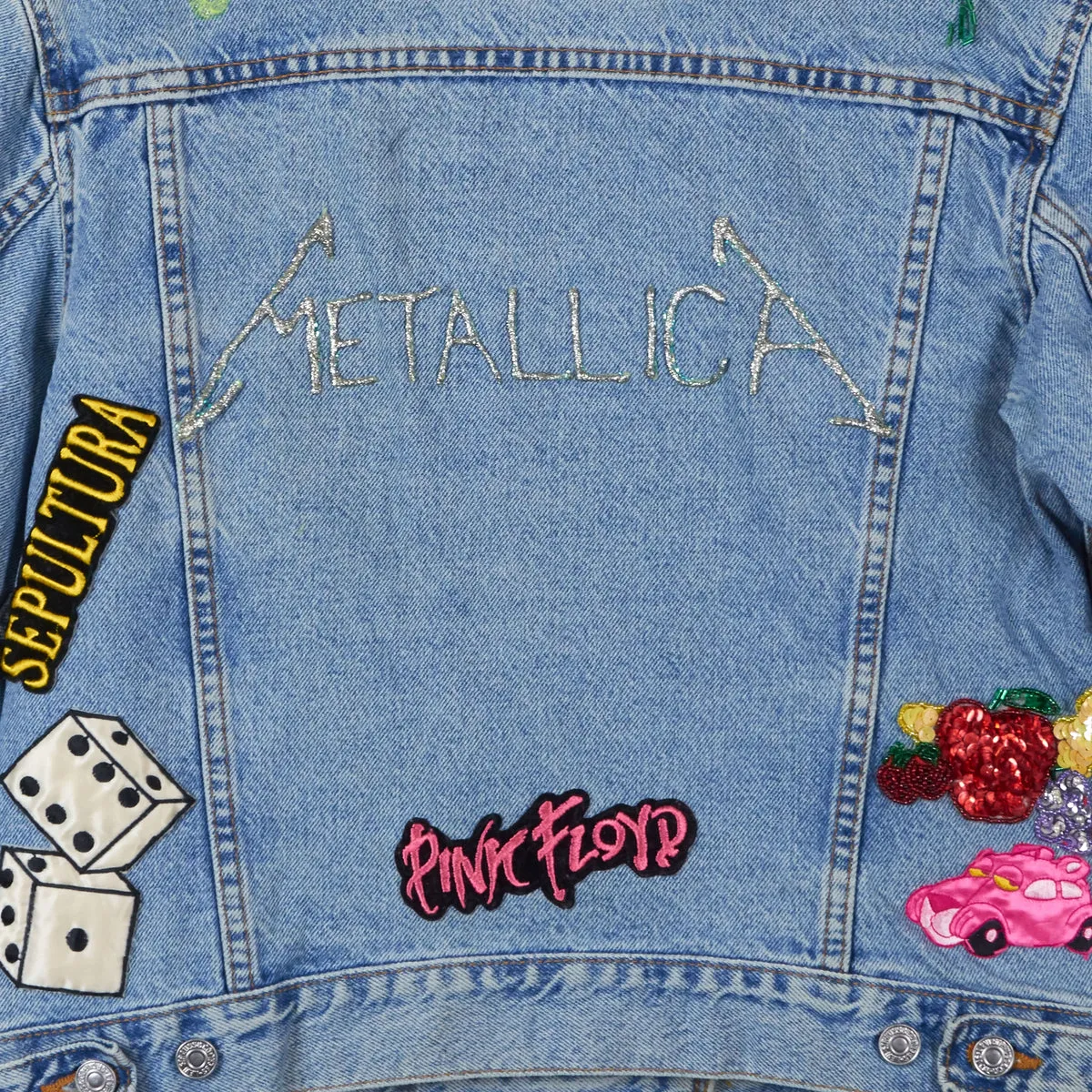 Vintage Levi's Customised Rock Band Patch And Glitter Jacket - Blue - M