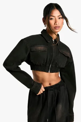 Washed Black Extreme Crop Denim Jacket