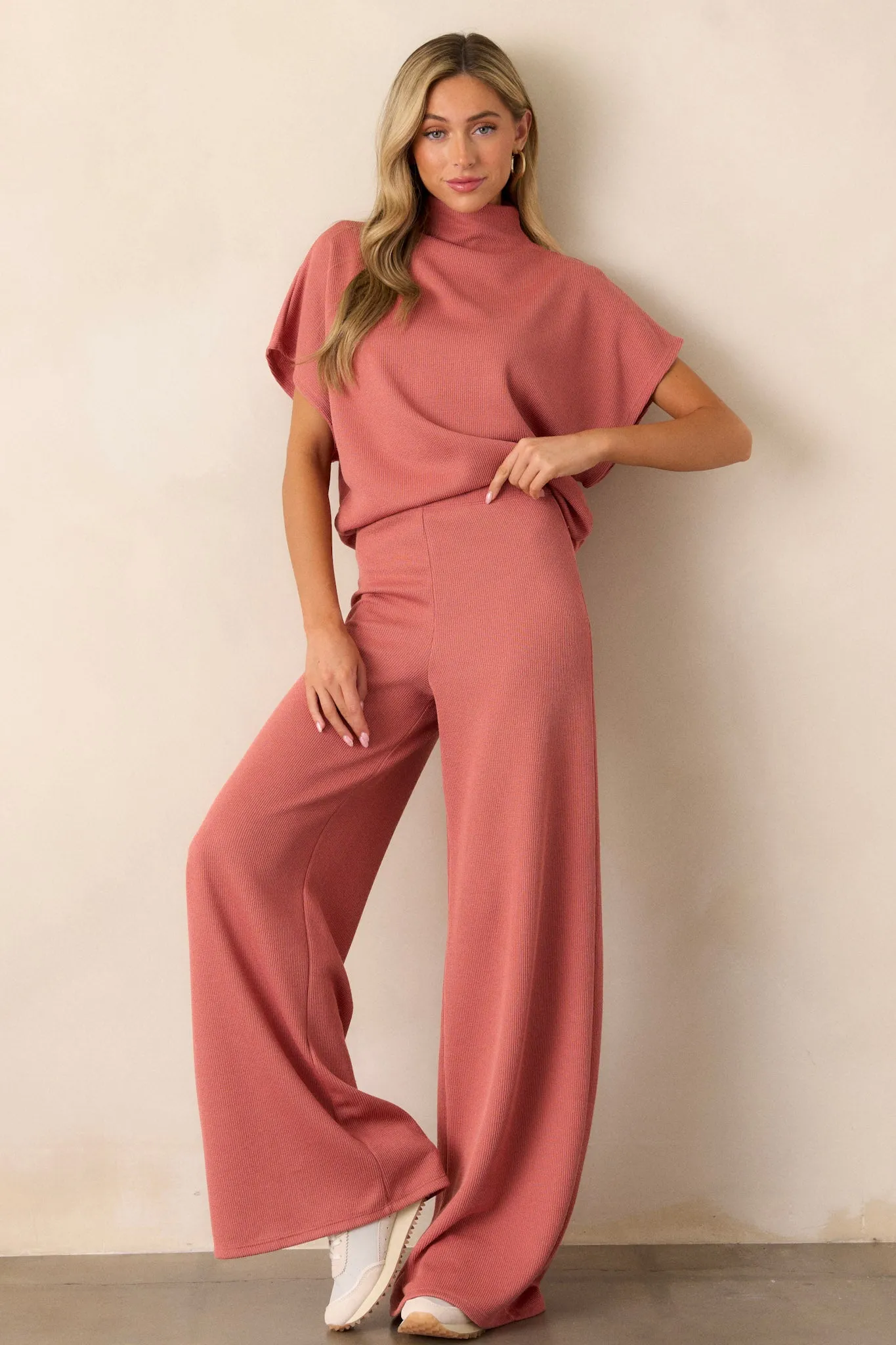 Waterfall Mist Pink Coral Knit Wide Leg Pants