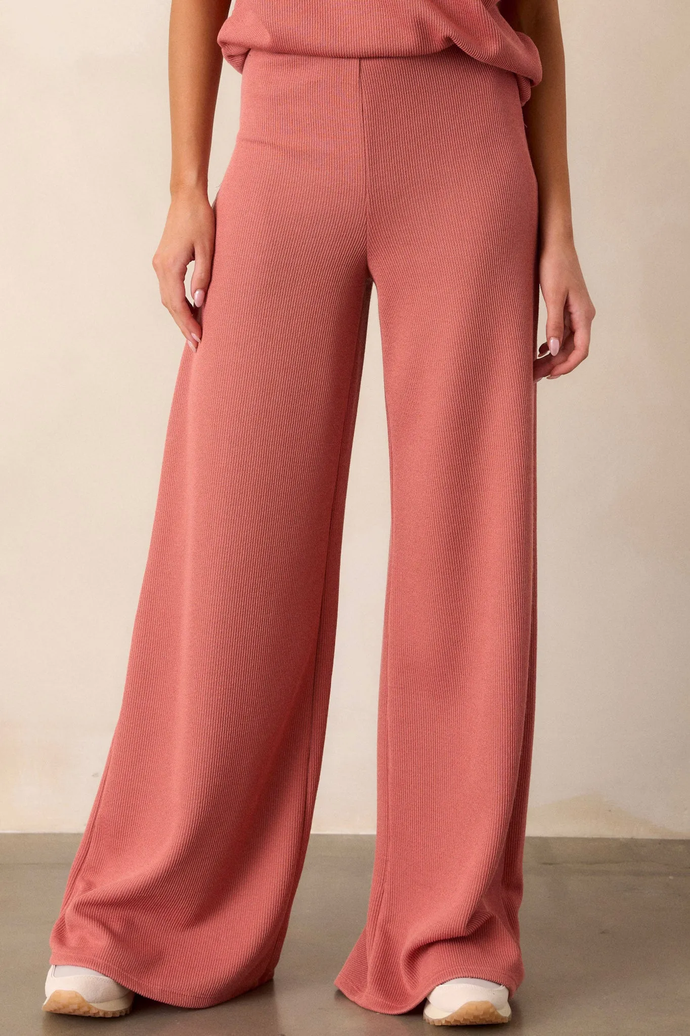 Waterfall Mist Pink Coral Knit Wide Leg Pants