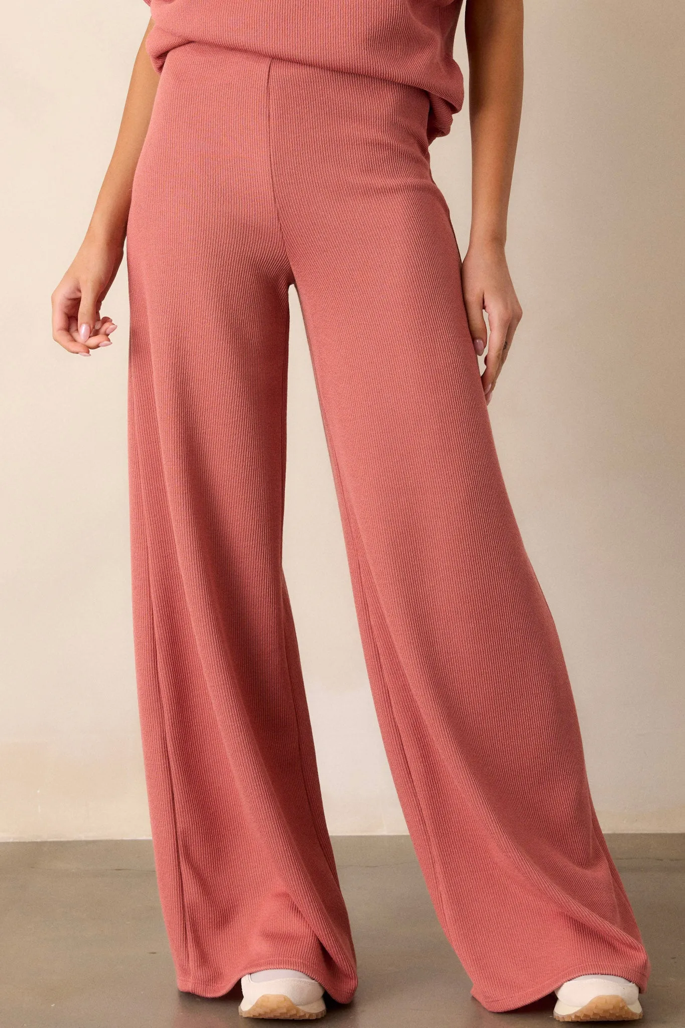 Waterfall Mist Pink Coral Knit Wide Leg Pants