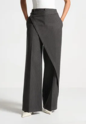 Wool Pinstripe Wrap Tailored Trousers - Grey