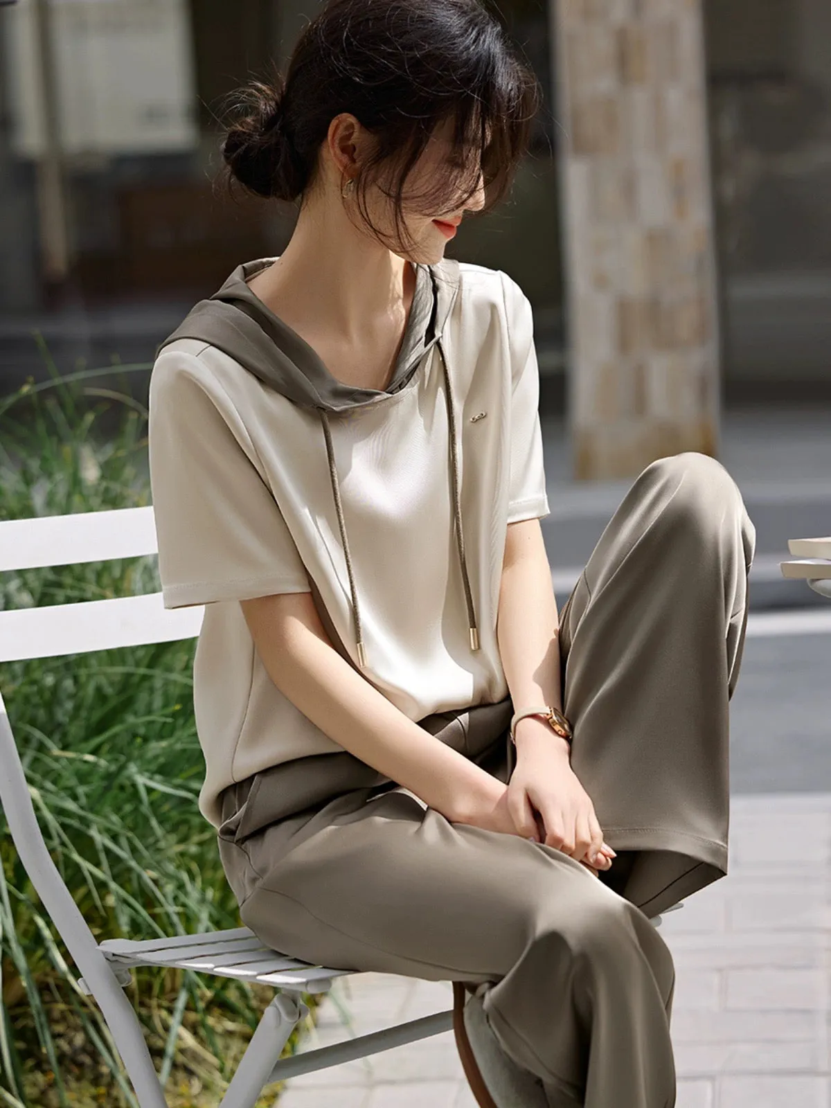 XWI/Xinwei stitching contrasting color design casual suit women's summer hooded short-sleeved T-shirt wide-leg pants two-piece s