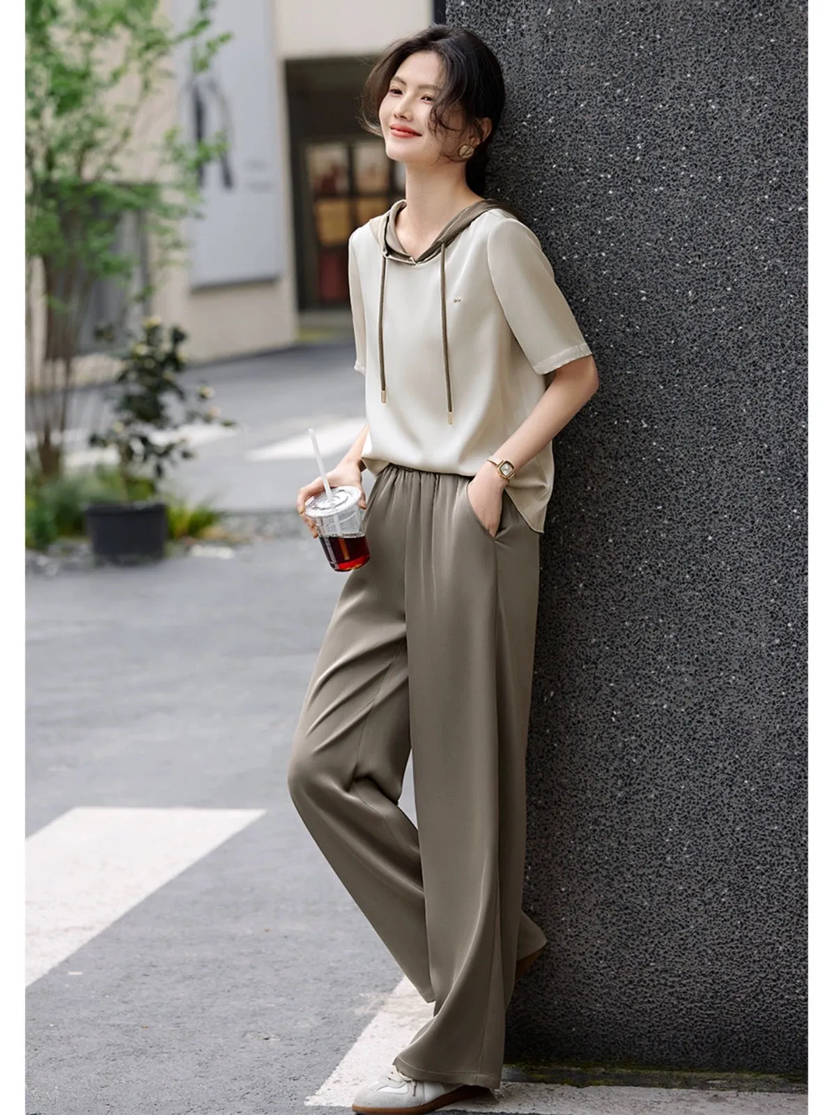 XWI/Xinwei stitching contrasting color design casual suit women's summer hooded short-sleeved T-shirt wide-leg pants two-piece s