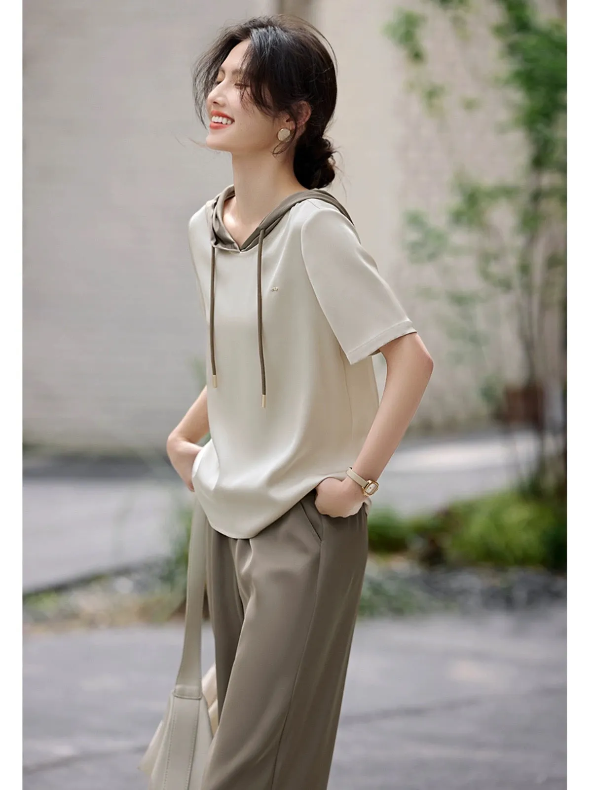 XWI/Xinwei stitching contrasting color design casual suit women's summer hooded short-sleeved T-shirt wide-leg pants two-piece s